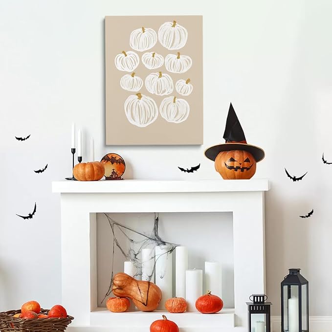 Generic Framed Neutral Pumpkin Painting Posters Modern Fall Canvas Print Wall Art, Beige Fall Decor Abstract Autumn Poster Halloween Decor 20x30""framed