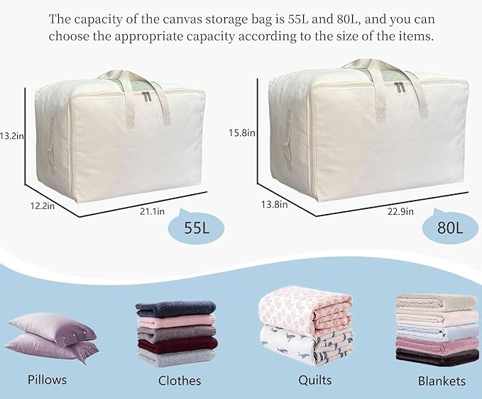 Soft Canvas Clothes Storage Bags with Four Carrying Handles and Clear Window, Closet Organizer for Clothing, Blankets Sheets and Bedding, 55L, 2 Pack, Beige