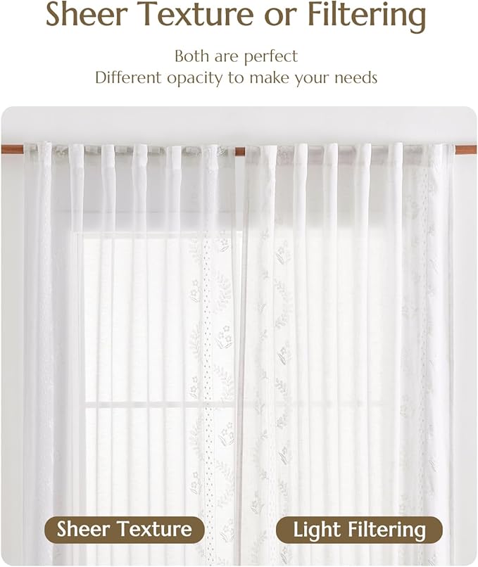 jinchan Belrose Linen Sheer Curtains for Living Room 96 Inch Length Sheer Voile Embroidered Floral Curtains for Bedroom Light Filtering Rod Pocket Window Treatments Farmhouse Decor 2 Panels White