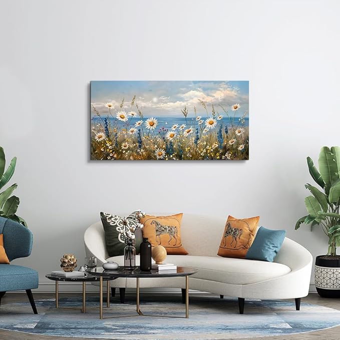 Wapluam Blue Ocean Canvas Wall Art for Living Room Wall Decor For Bedroom Bathroom Decoration Natural Seascape Painting Modern Office Wildflowers Artwork Large Pictures Home Decor Ready To Hang