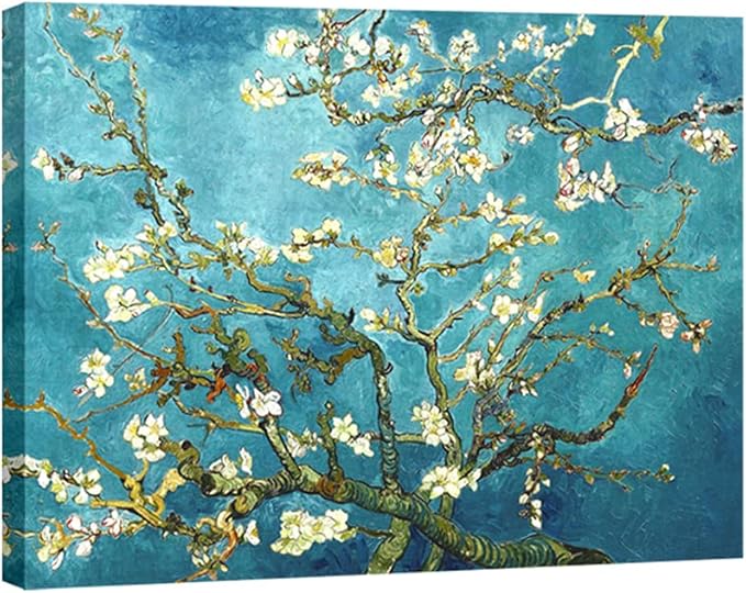 Wieco Art Almond Blossom Modern Framed Floral Giclee Canvas Prints By Van Gogh Famous Oil Paintings Reproduction Flowers Pictures on Canvas Wall Art Ready to Hang for Bedroom Home Decorations