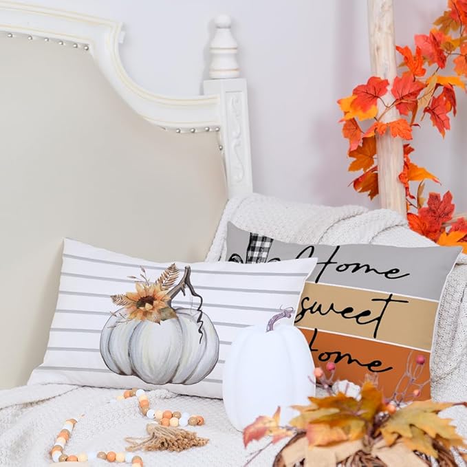 AACORS Fall Pillow Covers 12 x 20 Inch Set of 4, Pumpkin Home Sweet Home Thankful Grateful Blessed Harvest Floral Decorations Autumn Seasonal Pillow Case Decor for Sofa Couch AA557-12