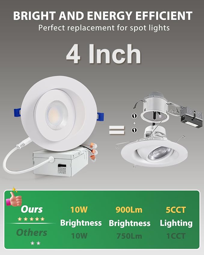 zouzai Second Generation 5CCT LED Gimbal Led Recessed Light with Junction Box, 360°+90° Adjustable Directional Eyeball Lighting, Dimmable, 2700K-5000K,ETL&Energy Star (White 12 Pack, 4 inch)