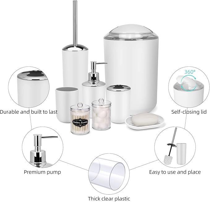 White Bathroom Set,9 Piece Bathroom Accessories Set,Tray,Soap Dispenser,Toothbrush Holder,Toothbrush Cup,Soap Dish,Toilet Brush,Qtip Holders,Trash Can for Bathroom Décor and Housewarming Gifts