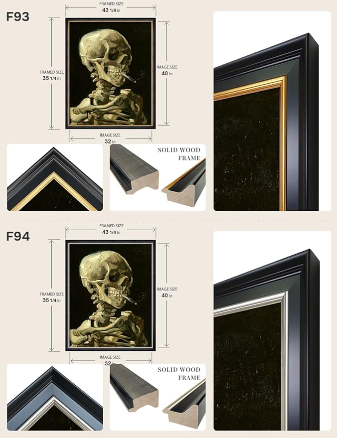 DECORARTS - Head of a Skeleton with a Burning Cigarette by Vincent Van Gogh, Large Giclee Canvas Print with Solid Wood Frame, Oversized Wall Art Decor