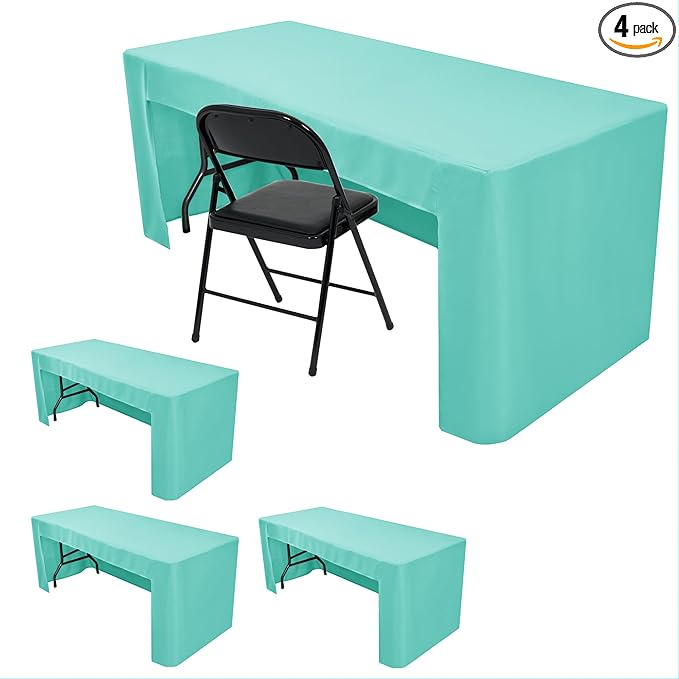 HolidayIdeas Open Back Fitted Tableclothss for 4 Foot Rectangle Table, Wrinkle Resistant Washable Table Covers 24x48 Inch for Craft Fairs, Banquets, Trade Show Display, Aqua,4 Pcs