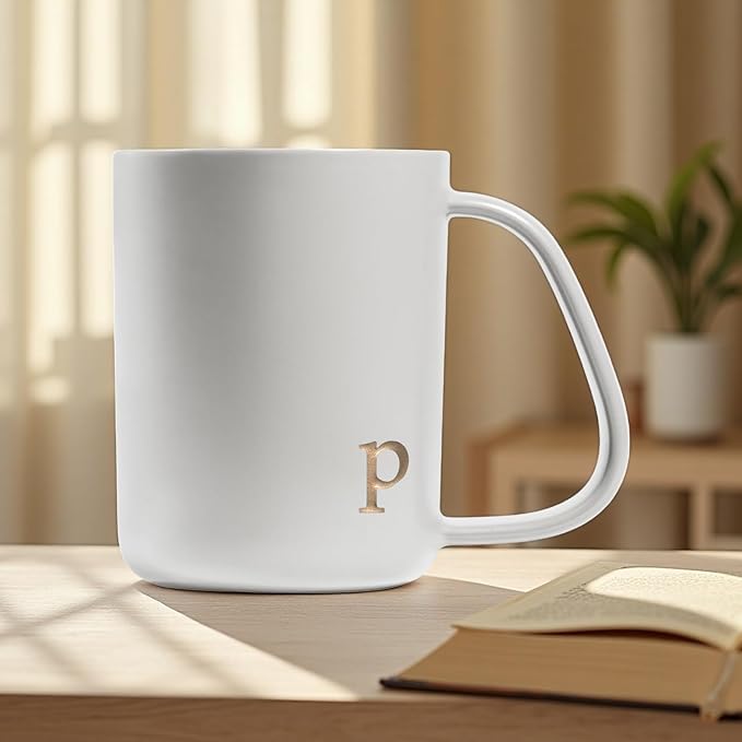 COLLECTIVE HOME - Ergonomic Handle Ceramic Mug, 15 oz Personalized Coffee Cup with Golden Initial, Microwave & Dishwasher Safe, Elegant Monogram Tea Mug in Gift Box for Home & Office (White-p)