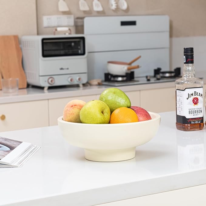 Luxurious Large Ceramic Fruit Bowl - Decorative & Functional - Key Bowl for Entry Table - Footed Bowl - Modern Crme 10.4 Inch