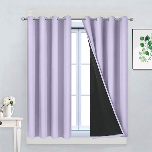 Yakamok Full Blackout Curtains 45 Inches Long,Blackout Curtain Panels for Bedroom, 2 Thick Layers Grommet Top Thermal Insulated Drapes with Black Liner for Living Room(52Wx45L, Lilac, Set of 2)