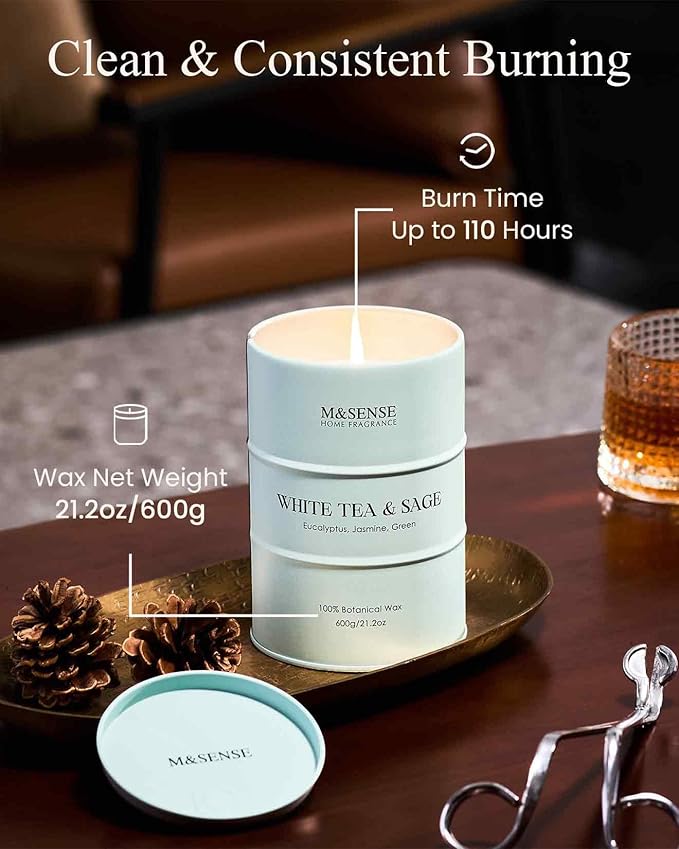 M&SENSE White Tea Sage Scented Candles Large, Natural Soy Candles 21.2oz 120 Hour Slow Burning,Aromatherapy Candle for Stress Relief Meditation Relaxing