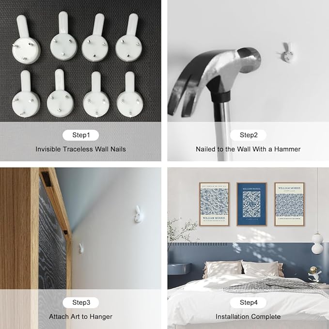 HOURIA William Morris Floral Framed Canvas Wall Art Set,Navy Blue White Flower Wall Decor,Retro Textured Botanical Artwork,Modern Neutral Blossom Art Print for Living Room,Bedroom,Office-16 x24 x3