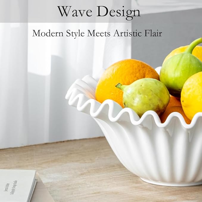 Large Decorative Bowl, 10 inches Porcelain Fruit Bowl for Kitchen Counter HandCrafted Ruffle Bowl for Home Decor Stylish Flower Dish for Party, White
