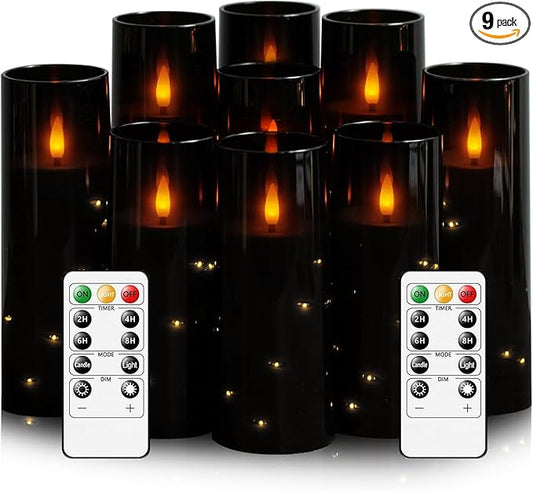 Flameless LED Candles with Timer 9 Pc Flickering Flameless Candles for Romantic Ambiance and Home Decoration Stable Acrylic Shell,with Embedded Star String,Battery Operated Candles（Black）