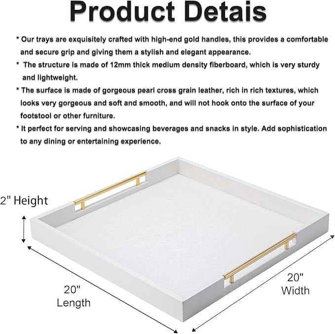 White Leather Large Ottoman Tray for Living Room,Stylish Square Decorative Tray for Coffee Table,Versatile Serving Trays with Handles for Party