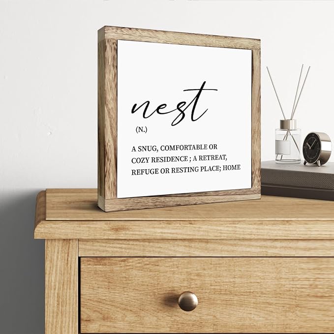 Farmhouse Home Decor, Home Sign, Living Room Decor for Shelf, Tabletop Decoration, Front Door Decoration for Porch, Housewarming Gift, Nest Definition Signs, Wooden Plaques Box Signs, 9.8 * 9.8 Inch