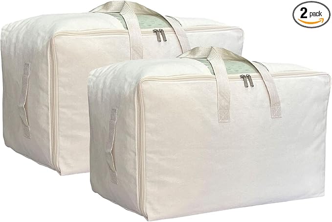 Soft Large Canvas Comforter Storage Bags with Four Carrying Handles and Clear Window, Closet Organizer for Clothing, Blankets Sheets Pillows and Bedding, 80L, 2 Pack, Beige