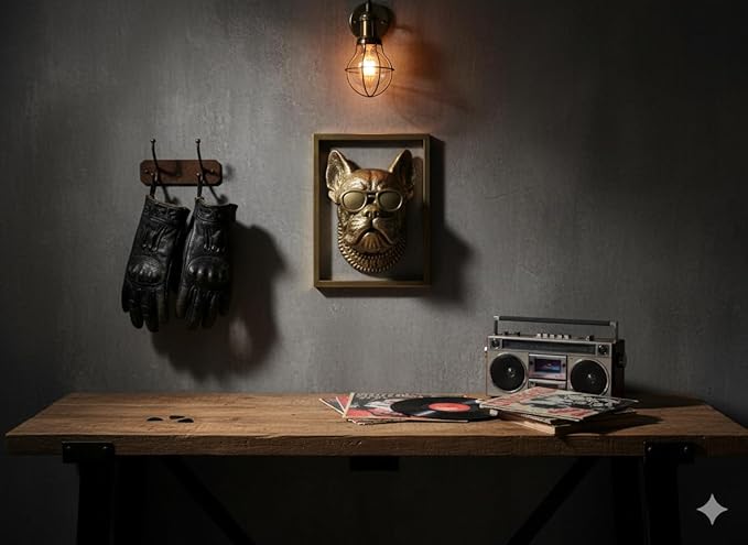 Animal Heads Wall Decor (Includes Metal Frame) Resin Animals Sculptures Head Wall Hanging Decoration Gold vintage Wall Sculpture for Living Room Bedroom Office(Cigar dog)