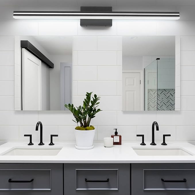 SineRise 48-Inch LED Modern Bathroom Vanity Light Bar, Matte Black Modern Acrylic Bathroom Wall Lighting Fixtures Over Mirror (Cool White 6000K)