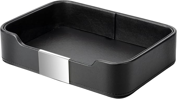 SANZIE Luxury Leather Tray Desktop Storage Catchall Organizer Decorative Tray for Entryway Table to Hold Jewelry Watch Keys Phone Wallet (Metal Silvered, Black)
