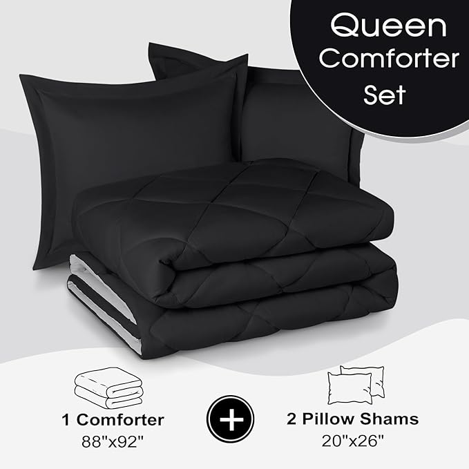 Basic Beyond Queen Comforter Set - Black Comforter Set Queen, Reversible Bed Comforter Queen Set for All Seasons, Black/Grey, 1 Comforter (88"x92") and 2 Pillow Shams (20"x26"+2")