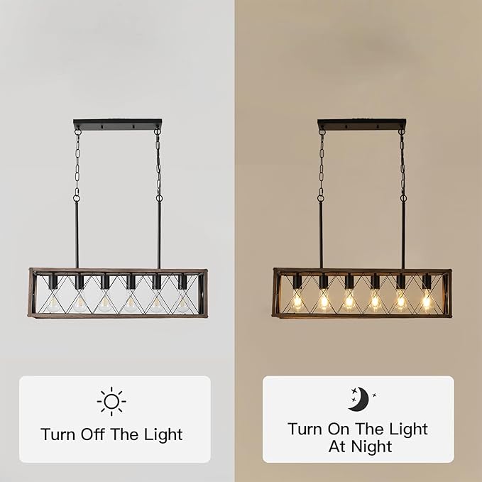 Farmhouse Kitchen Island Lighting,6-Light Dining Room Light Fixtures Over Table,Rustic Chandelier Wood Grain Finish,Height Adjustable Farmhouse Light Fixture for Dining Room Kitchen Bar.