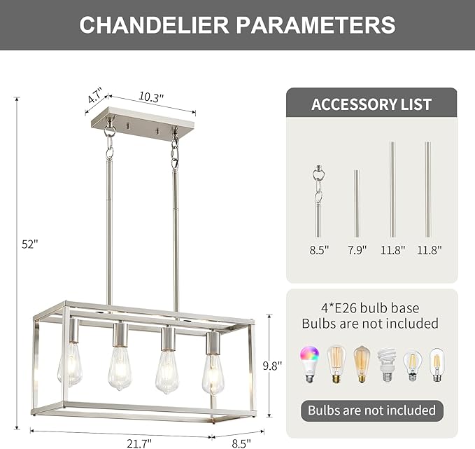 4-Light Dining Room Light Fixture Farmhouse Chandelier Brushed Nickel Modern Kitchen Island Pendant Lights Rectangular Hanging Lights Adjustable Height Metal E26 Base
