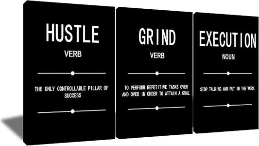 Motivational Wall Art Grind Hustle Execution Noun Poster Painting 3 Pieces Canvas Print Office Decor Inspiring Framed Inspirational Quotes for Wall Art Decoration Ready to Hang [48''Wx 24''H]
