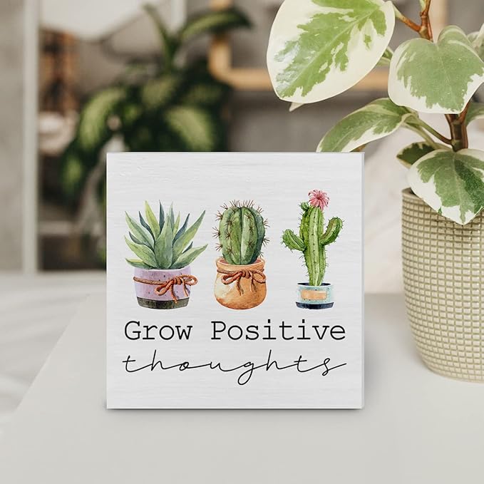 Country Grow Positive Thoughts Wood Box Sign Decor for Desk - Plant Lovers Cactus Wooden Block - Summer Rustic Home Shelf Wall Decoration