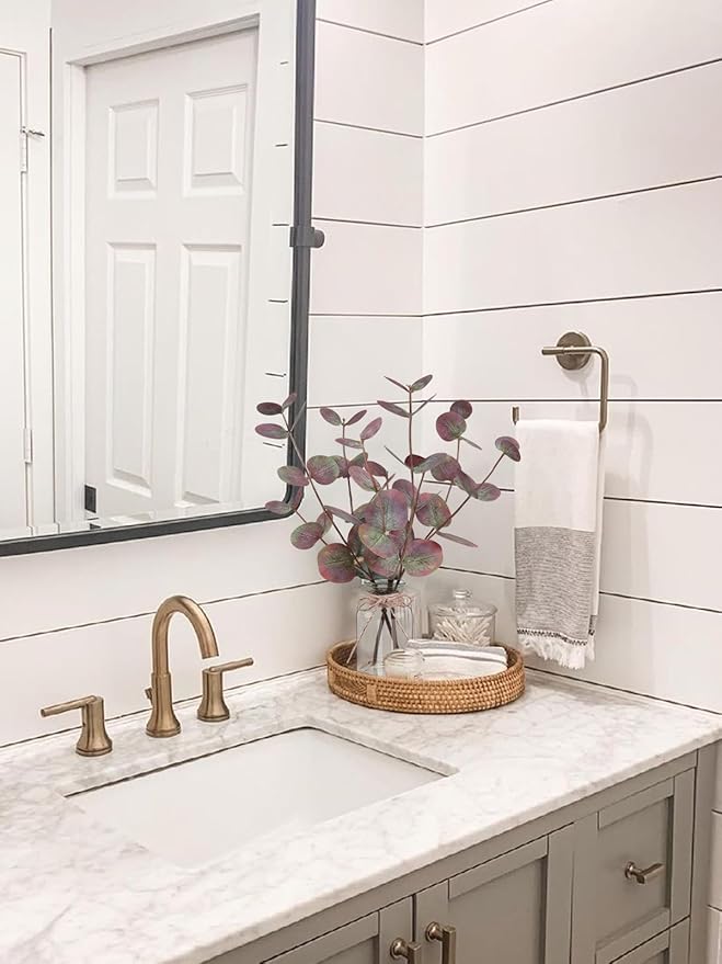 Artificial Eucalyptus Stems in Glass Vase with Faux Water, 14" Fake Plants for Home Decor, Coffee Table Centerpieces, Office, Bathroom & Farmhouse Weddings - Faux Plants Decorations