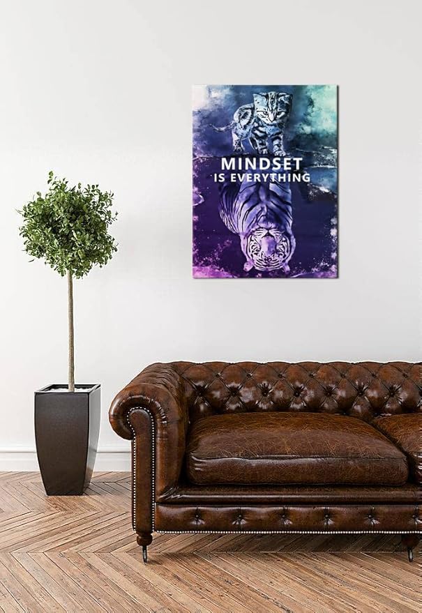 Inspirational Wall Art Posters Big Tiger Pictures Small Cat Canvas Painting Mindset is Everything Print Poster Artwork Wooden Home Decor for Living Room Gym Office Framed Ready to Hang[18" W x 24"H]