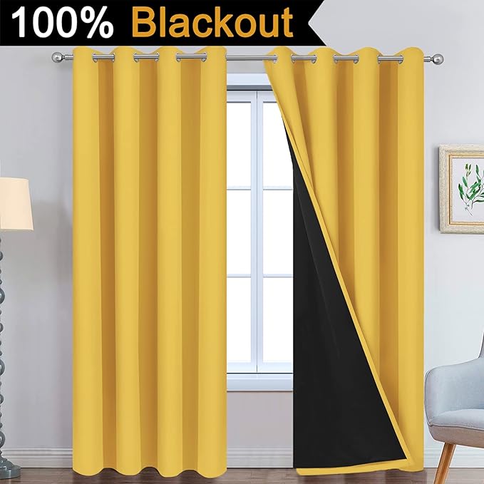 Yakamok 100% Blackout Curtains Energy Saving Thermal Insulated 2 Thick Layers Completely Blackout Drapes with Black Liner for Bedroom (52Wx84L,Mustard Yellow, Set of 2)