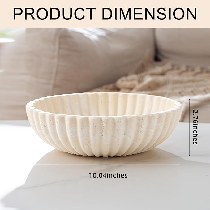 Large Decorative Fruit Bowl for Kitchen Counter, Travertine Stone Look Modern Minimalist Snack Candy Bowl for Table Centerpiece Decor, Home, Office, Hotel, Entryway (White)