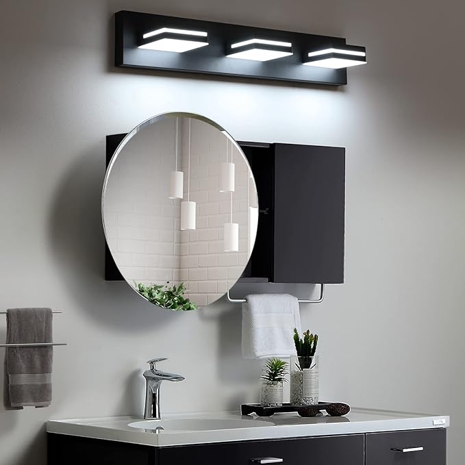 SineRise LED Modern Bathroom Vanity Light Fixtures (3-Light, 24-Inch), Matte Black Modern Acrylic Bathroom Wall Lighting Fixtures Over Mirror (Cool White 6000K)
