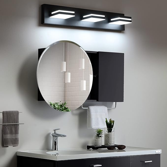 SineRise LED Modern Bathroom Vanity Light Fixtures (3-Light, 24-Inch, Dimmable), Matte Black Modern Acrylic Bathroom Wall Lighting Fixtures Over Mirror (Cool White 6000K)