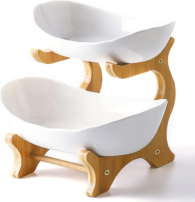 2 Tier Ceramic Fruit Bowl With Bamboo Wood Stand for Kitchen Counter,Porcelain Fruit Basket for Vegetable Storage,Snack Dessert Cake Tray Plate Rack for Party Wedding - White
