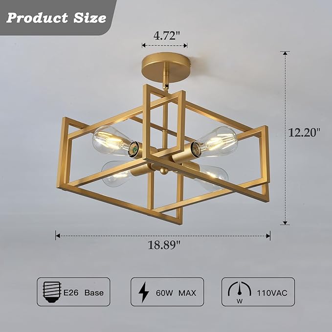 ZGLAOJT 4-Lights Ceiling Light Gold Light Fixture Industrial Flush Mount Ceiling Light Farmhouse Chandelier Lighting for Kitchen Island Dining Room Bedroom Foyer Hallway