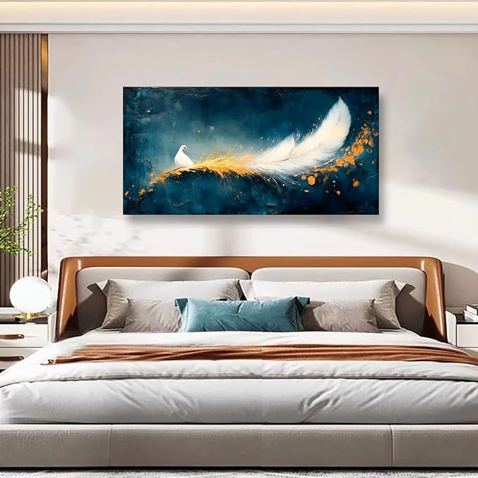 Abstraction Pictures Canvas Wall Art for Living room Office Bedroom Wall Decor, Peacock Wall Art Print Paintings Modern White Feather Zoon Artwork Waterproof Ready to Hang-20x40inch