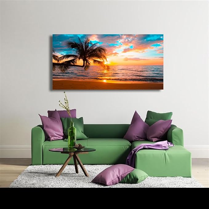 Beach Sunset Pictures Canvas Wall Art For Living Room Bedroom Wall Decor,Sunset Wall Art Print Paitnings For Home Decor,Morden Artwork Palm Cloud Canvas Art Waterproof Ready To Hang-24x48 Inches