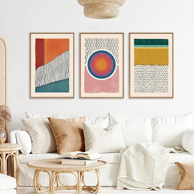 HPINUB Boho Framed Canvas Prints Wall Art Set, Mid-Century Abstract Color Block Shape Wall Decor, Geometric Illustrations Art Photos for Living Room, Bedroom, Dining Room, Office, Bathroom-24 x36 x3