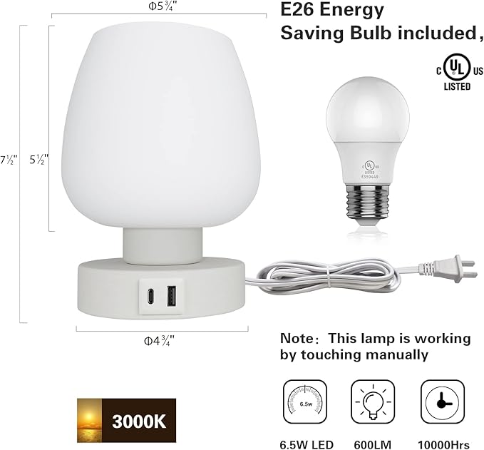 Touch Bedside Table Lamp - Small Lamp for Bedroom with USB C+A Charging Ports 3 Way Dimmable, Nightstand Desk lamp with White Opal Glass Lamp Shade Warm LED Bulb Included, Simple Design Gifts