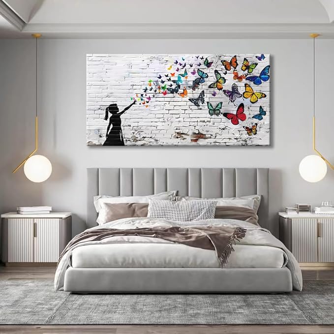 Canvas Wall Art Butterfly Girl - Modern Graffiti Paintings for Living Room, Bedroom Wall Decor, Framed Wall Art for Home or Office Decoration 60x120cm(24x48in)