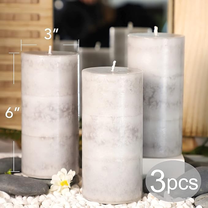 3x6 inch Pillar Candles Cozy Cotton Scented Set of 3 Gray White Layered Mottled Aromatherapy Candles for Weddings Home Wall Shelf Decorations Yoga Spa Dinner Table