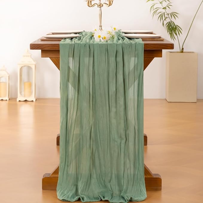 Socomi Sage Green Cheesecloth Table Runner Fall Thanksgiving Boho Rustic Farmhouse Gauze 120 inch 10FT Cheese Cloth Runner for Wedding Party Baby Shower Birthday Home Decor Holiday Decorations
