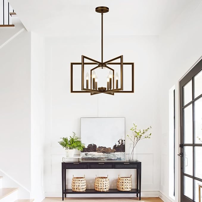 25" Modern Brown Chandelier for Dining Room (6-Light, 25-Inch), Geometric Brown Dining Room Light Fixture Over Table, Industrial Metal Hanging Pendant Lights for Kitchen Island, Entryway, Foyer