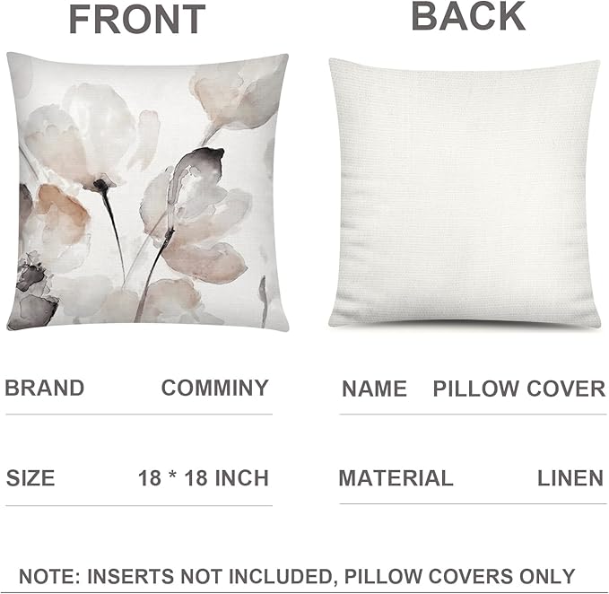COMMINY Brown White Grey Pillow Covers 18x18 Set of 6 Flower Throw Pillow Cover for Couch Modern Decorative Watercolor Floral Cushion Cover for Sofa Bedroom Living Room Farmhouse Home Decor