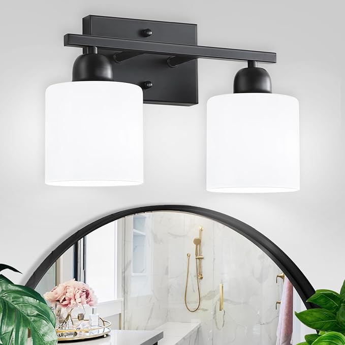 2 Light Black Bathroom Light Fixture, Modern Bathroom Lights with Milky White Frosted Glass Shades for Mirror Living Room Bedroom Hallway E26 Base