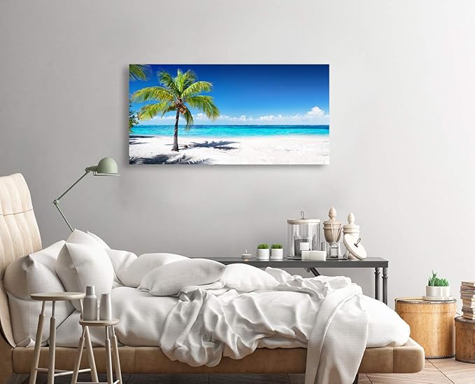 Baisuart-Large Canvas Wall Art Summer Ocean Waves Coconut Trees on Sands Beach Seascape Painting Sea Nature Pictures for Living Room Home Office Wall Decor Artwork