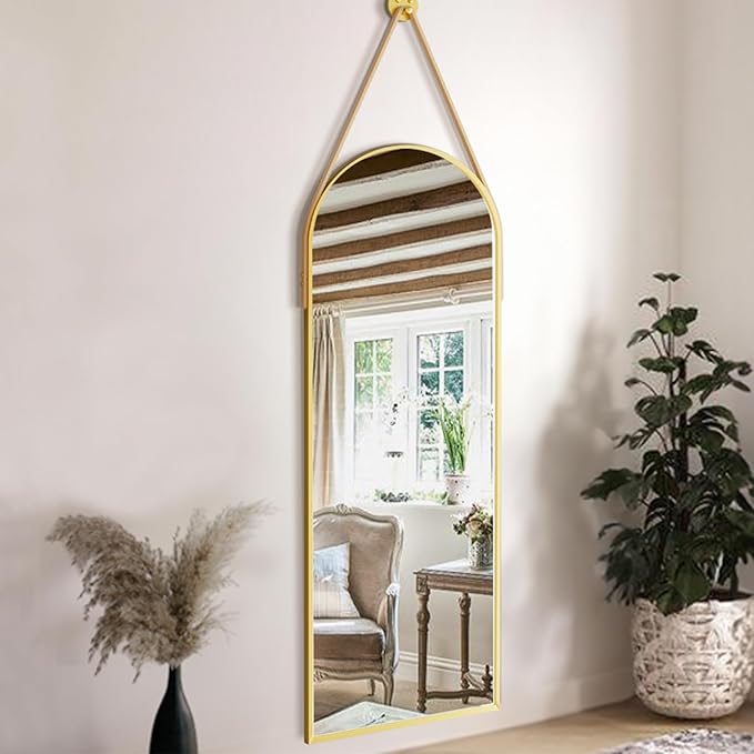 16"x48" Hanging Mirror with Leather Strap,Arched Full Length Mirror with Aluminum Frame Wall-Mounted Hanging Mirrors for Bathroom Vanity Living Room Bedroom Entryway Décor, Gold