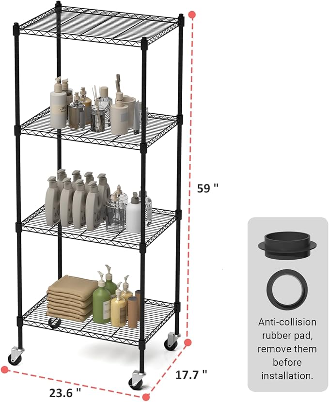 4 Tier Storage Shelves with Wheels, Heavy Duty Metal Garage Shelving Unit and Adjustable Feet, 865lb High Capacity Rolling Storage Shelf for Kitchen, Office, Dining Room (23.6"x 17.7"x 59"), Black
