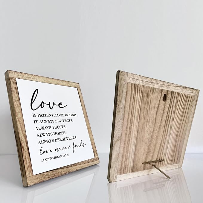 Christian Wood Decor, Master Bedroom Decor, Marriage Gift, Wedding Gift for Couple Wooden Plaques Box Signs 9.8* 9.8, Family Room Decoration, Bible Verse 1 Corinthians 13:7-8 Signs, Love is Patient Signs